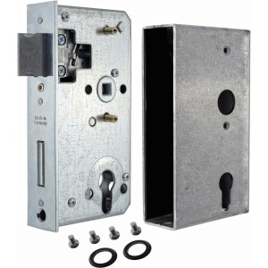 Einsteckschloss für Einschweißkästen, PZ/W, 60/72/8, mit Zubehör für Tore und Türen.