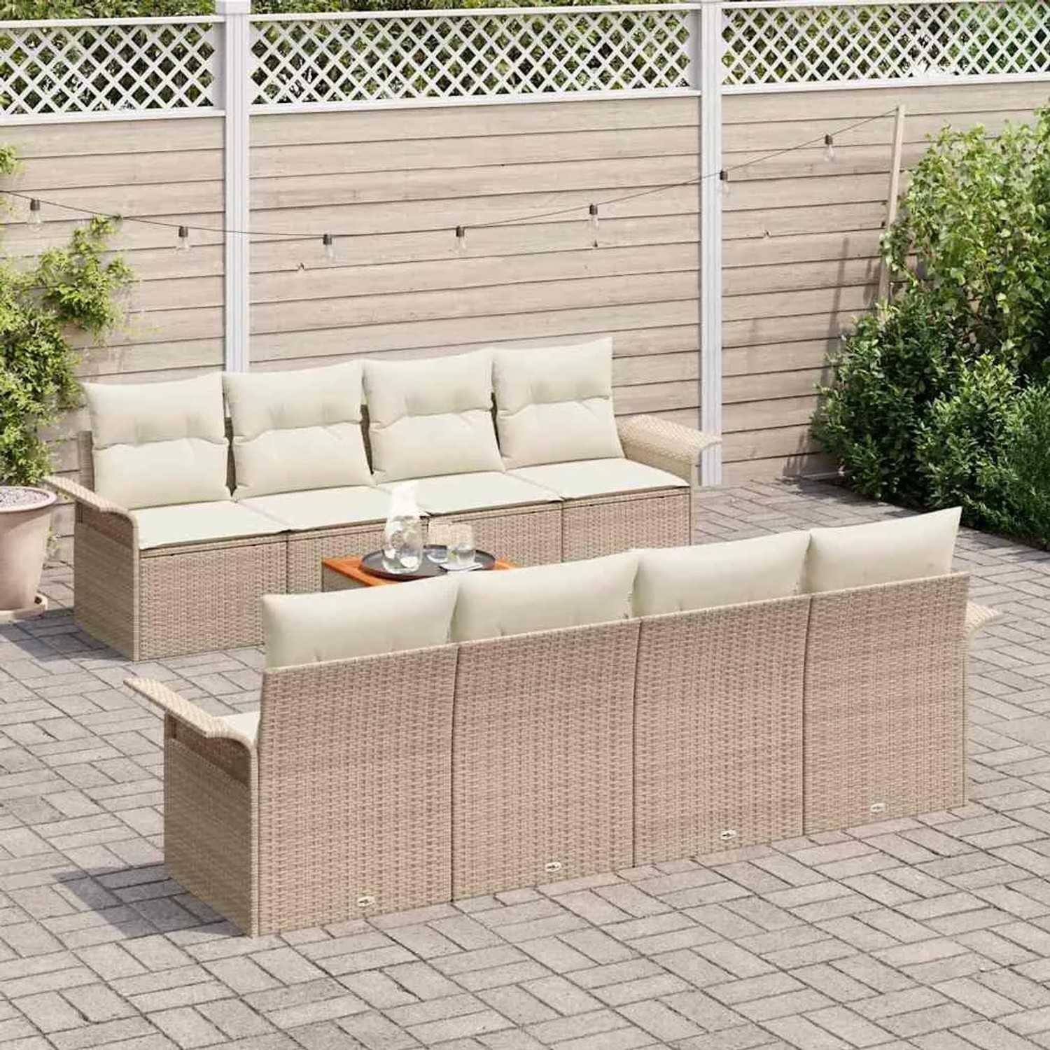 Beiges 9-teiliges Garten-Sofa-Set aus Poly Rattan mit Tisch, modulare Gartenmöbel von vidaXL.
