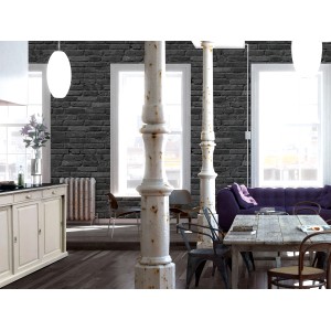 A.S. Creation Vliestapete in Schwarz mit Ziegelstein-Mauer Optik im Wohnraum.