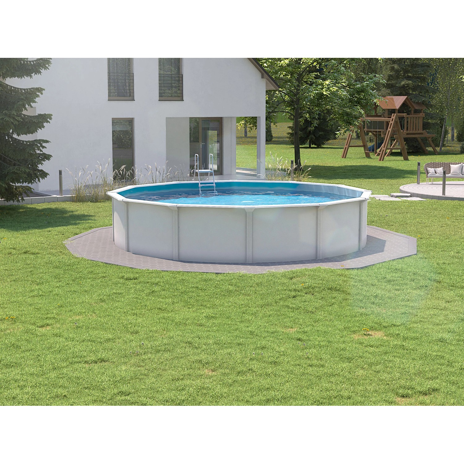Steinbach Stahlwand-Pool Set Nuovo de Luxe II, Ø 360 cm, mit Leiter im Garten.