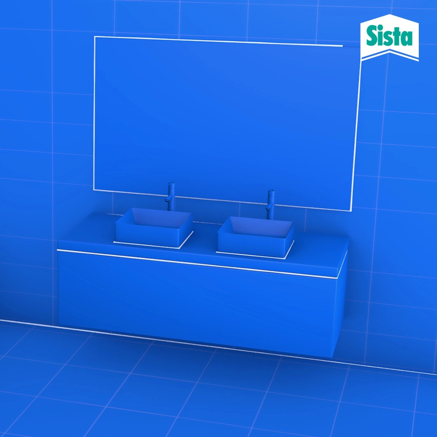 Blaues Badezimmer-Interieur mit Doppelwaschbecken, Spiegel und Sista Silikon Dichtstoff.