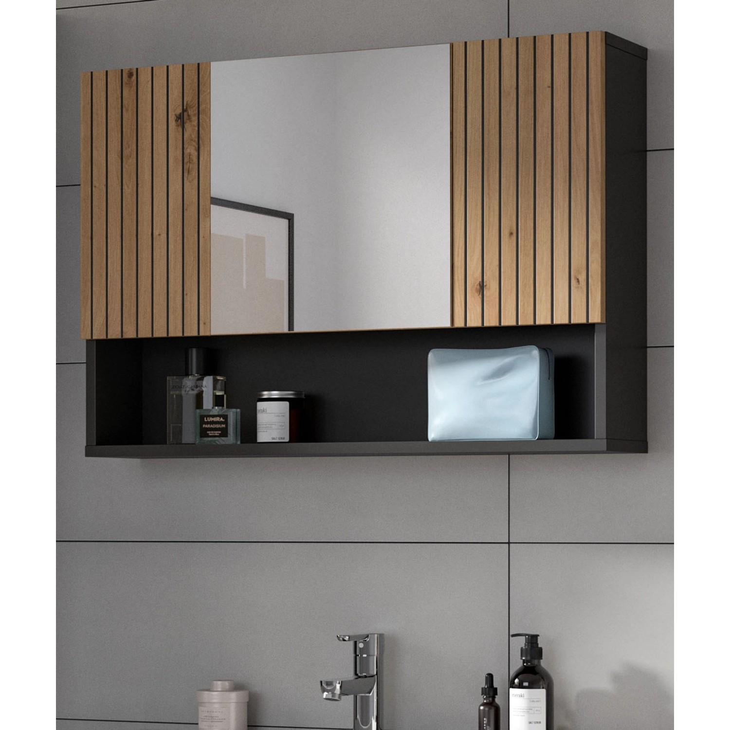 Thumbnail - Inn.Furn Badezimmer Spiegelschrank in Eiche und Grau 80 x 55 cm Livia