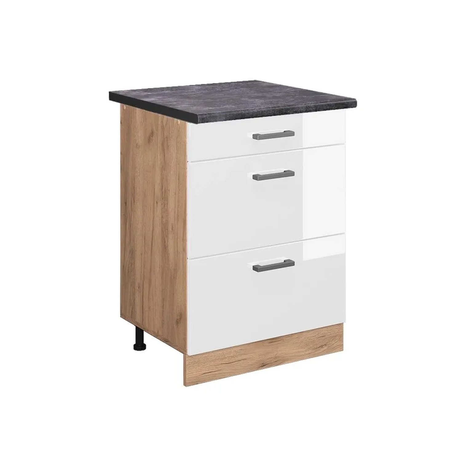 Vicco Küchenunterschrank R-Line Weiß Hochglanz Goldkraft Eiche 60 cm mit Schubladen AP Anthrazit