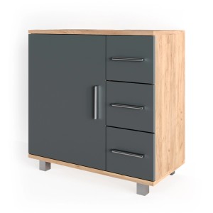 Vicco Waschbeckenunterschrank Ilias in Eiche/Anthrazit mit Tür und 3 Schubladen.