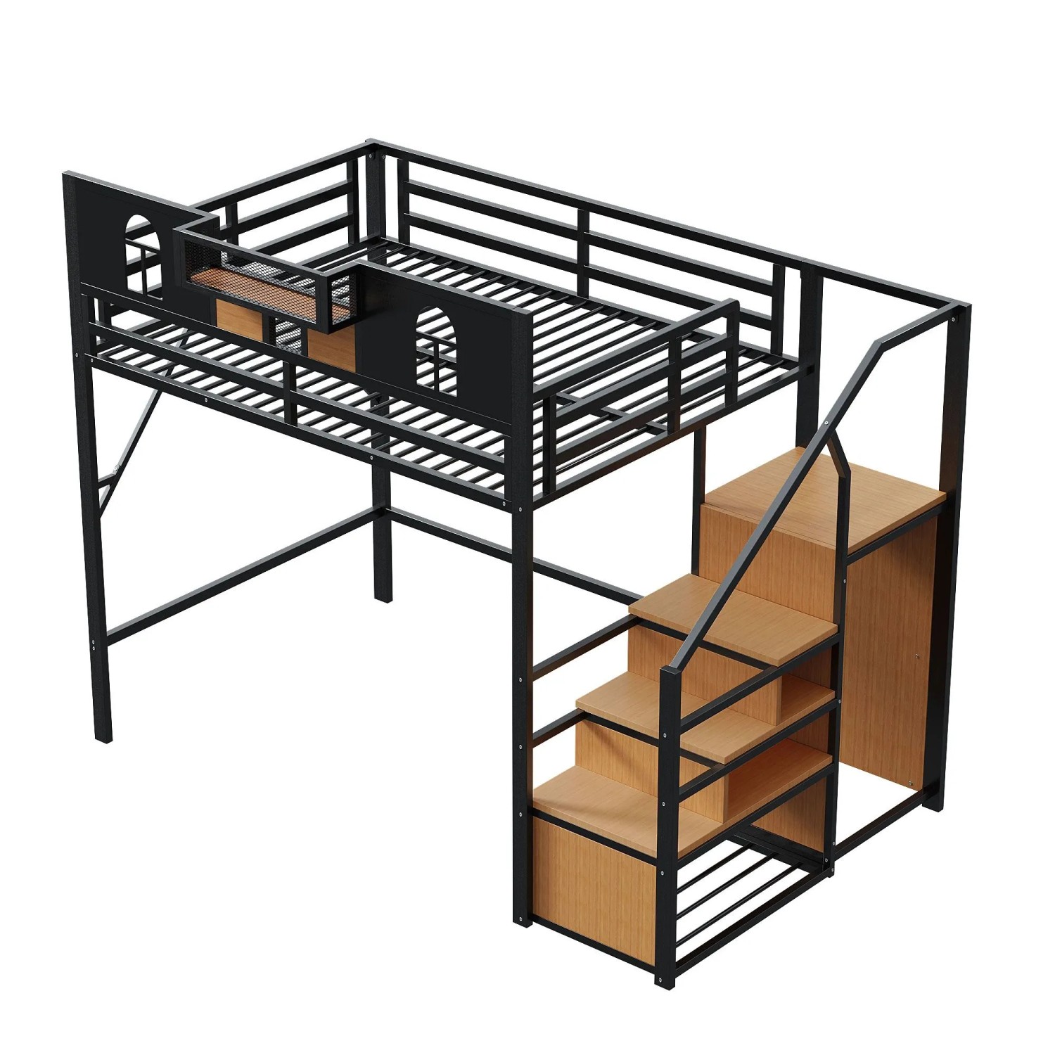 okwish Hochbett 140x200cm mit Stauraumleiter Fenster Jugendbett Schwarz ohne Matratze