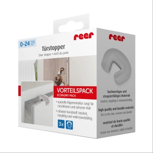 Verpackung Reer Türstopper, 3 transparente Türsicherungen zum Schutz vor Einklemmen.