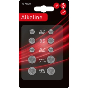 10er-Pack Alkaline Knopfzellen verschiedener Typen (AG1, AG3, AG4, AG10, AG13/LR44).