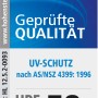 Zertifikat: Schneider Balkonschirm Locarno mit UV-Schutz 50+ nach AS/NSZ 4399:1996.