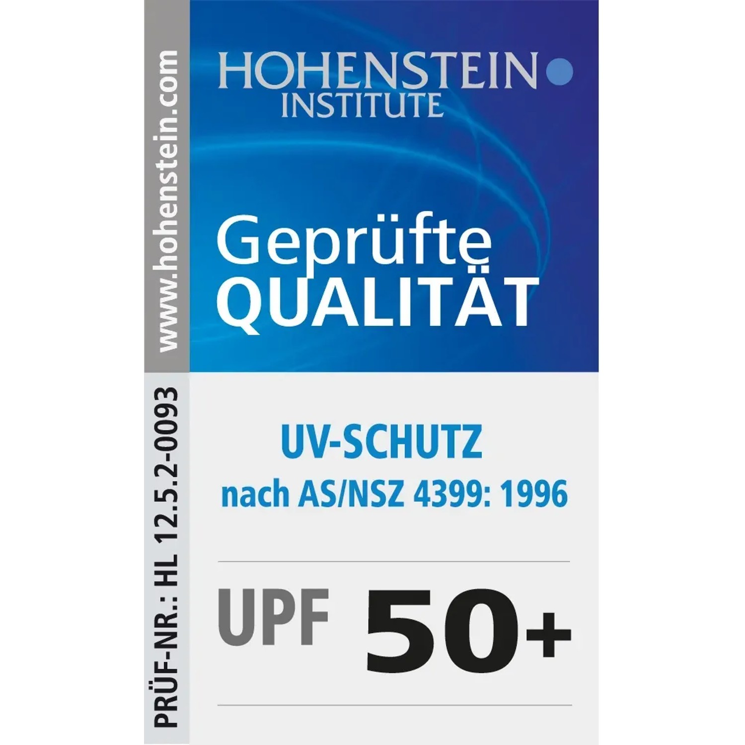 Zertifikat: Schneider Balkonschirm Locarno mit UV-Schutz 50+ nach AS/NSZ 4399:1996.