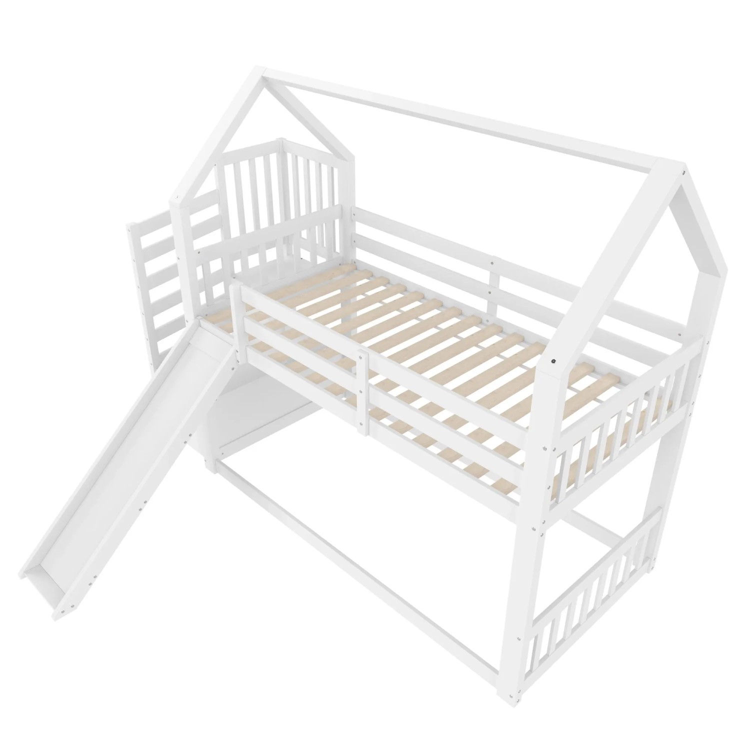 KOMHTOM Etagenbett Mit Stauraumtreppe Und Rutsche Hausbett Kinderbett Mit Geländer 90x200Cm Weiß Ohne Matratze