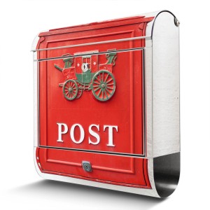 Roter Banjado Briefkasten aus Edelstahl mit nostalgischem Kutschen-Motiv und Zeitungsfach.