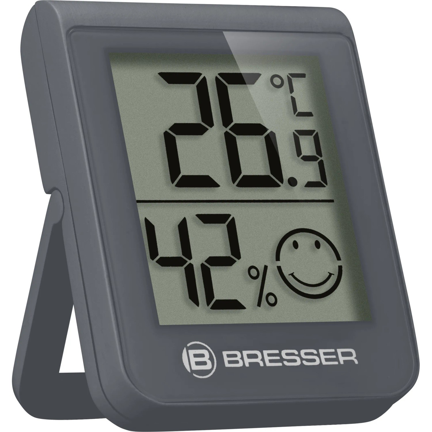 BRESSER Thermo-Hygrometer in Grau zeigt Temperatur 26.9°C und Luftfeuchtigkeit 42% mit Smiley.