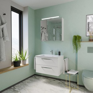 Pelipal Badmöbel-Set Trentino, 77 cm, Weiß Hochglanz: Waschtisch mit Unterschrank und Spiegelschrank mit LED-Beleuchtung.