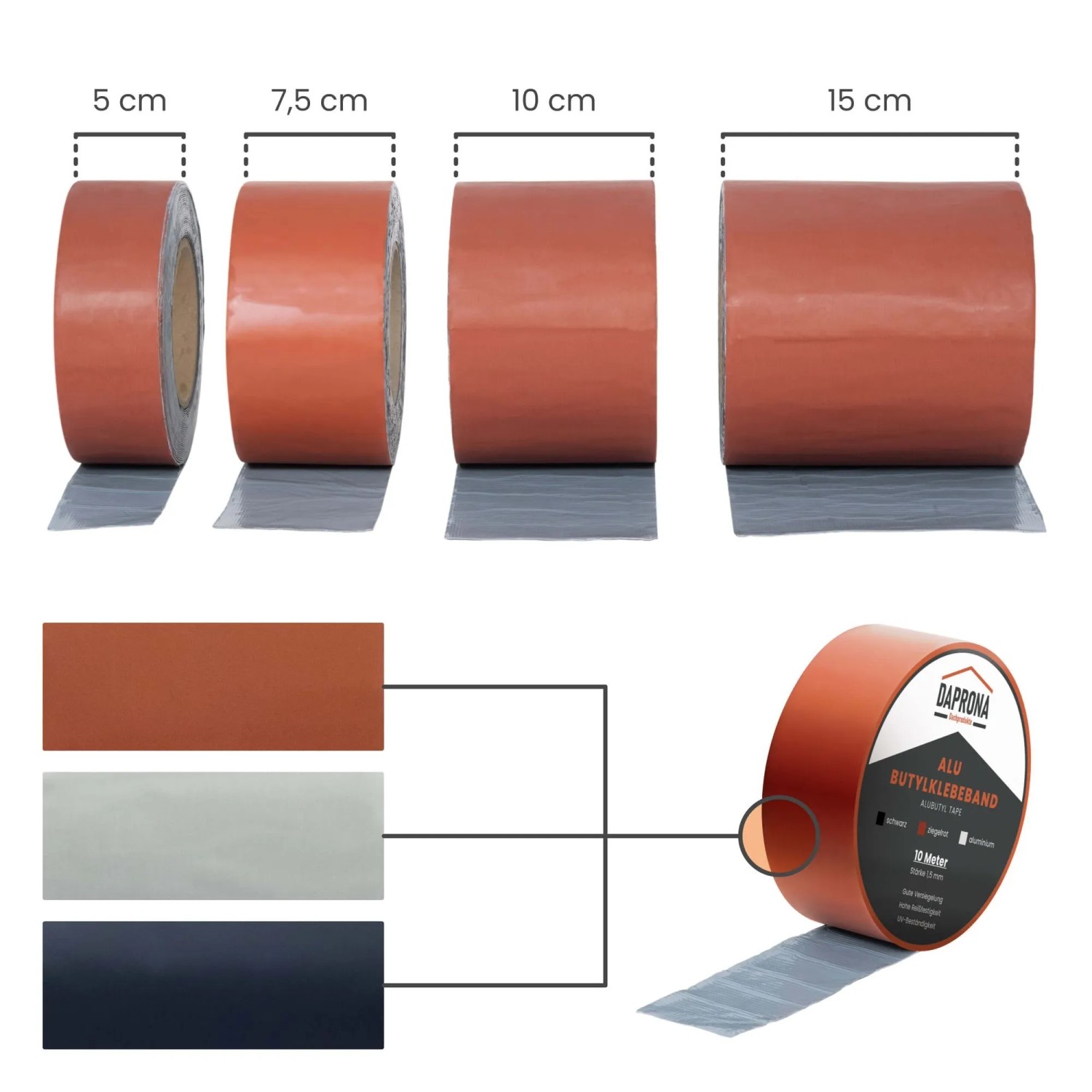 Daprona Butylband, 4 Rollen in Ziegelrot, verschiedene Breiten, Alu-Dichtband für Reparaturen.
