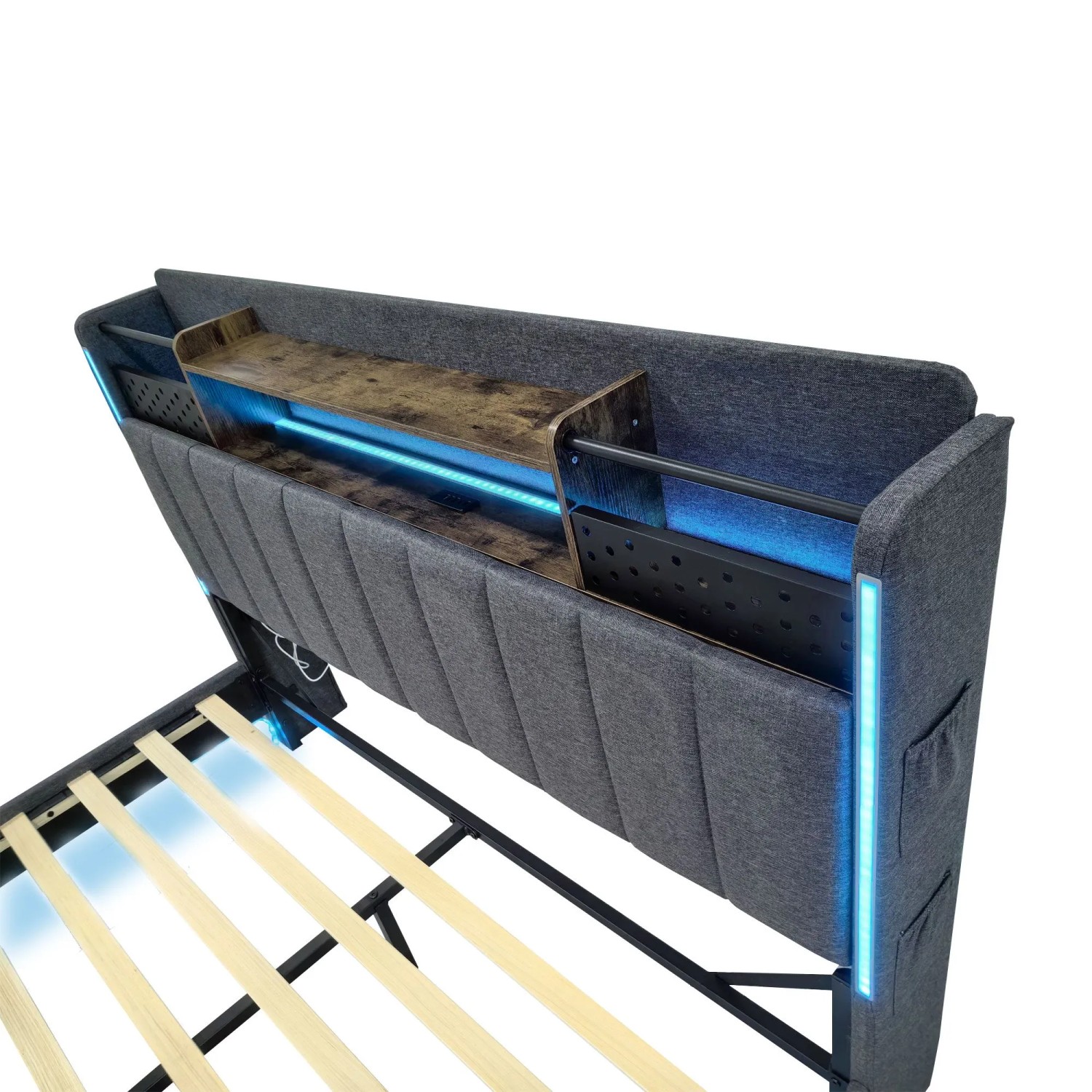 Graues Polsterbett 160x200 mit LED, USB und Stauraum im Kopfteil (ohne Matratze).