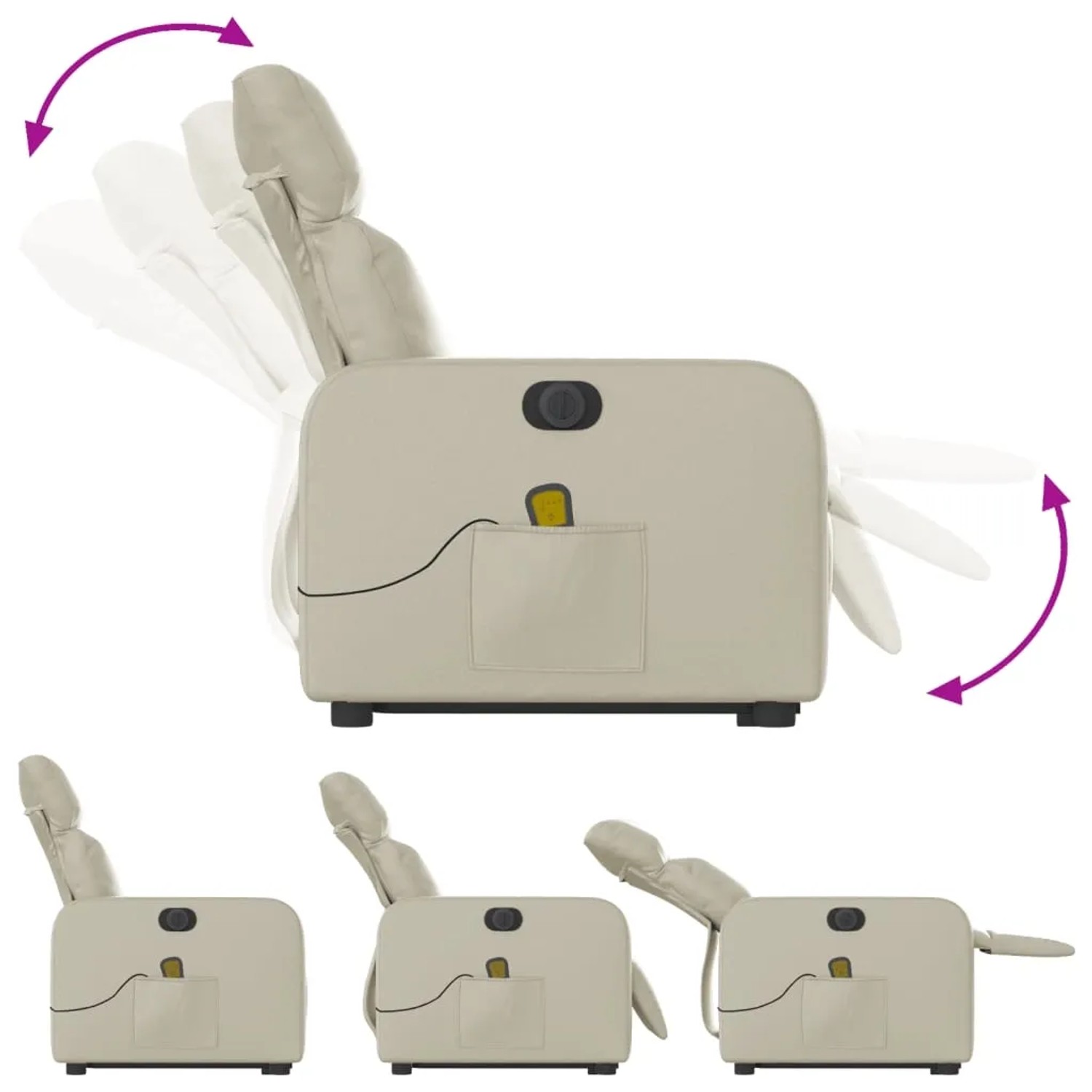 Elektrischer Massagesessel mit Aufstehhilfe in Creme Kunstleder, verschiedene Positionen.