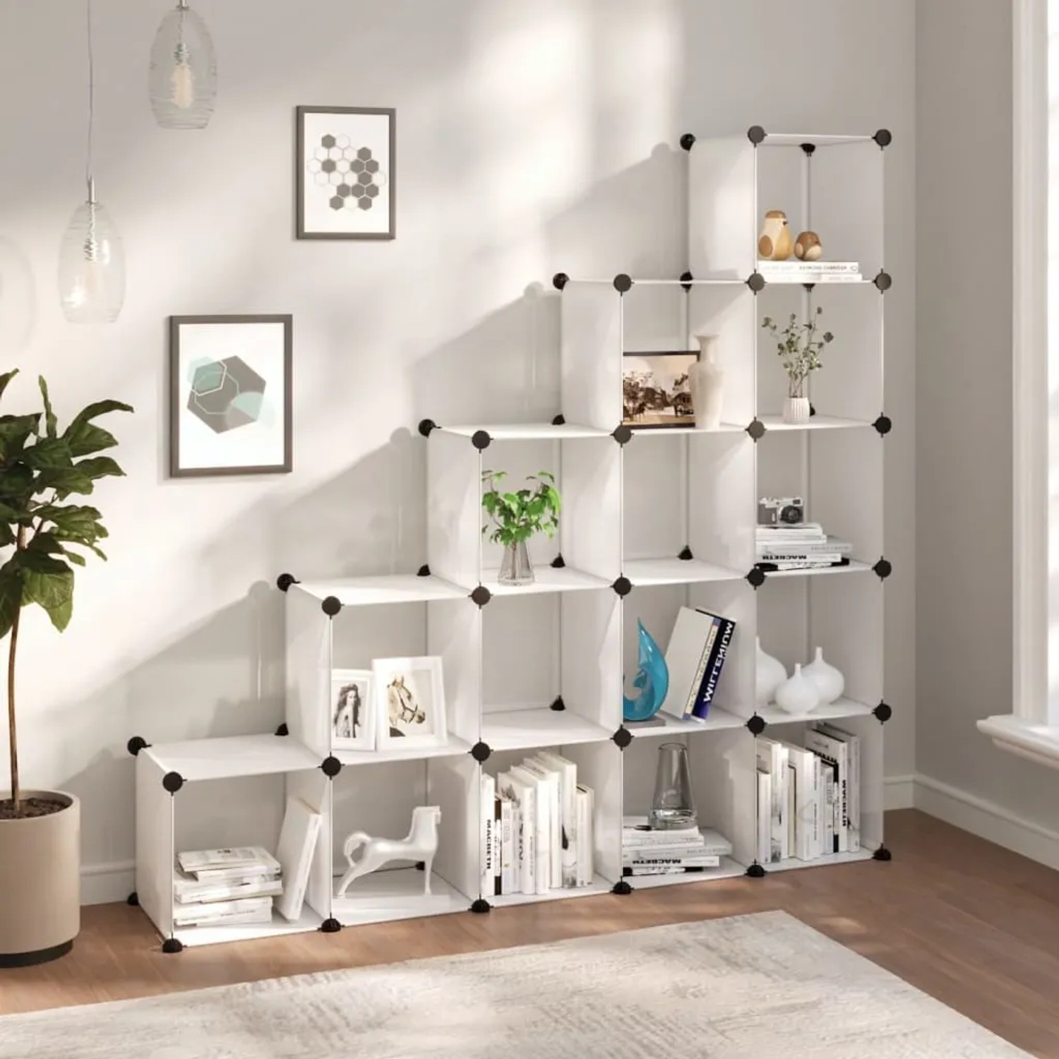 Transparentes vidaXL Regalsystem mit 15 Würfeln als Schuhkommode oder zur Aufbewahrung im Wohnraum.