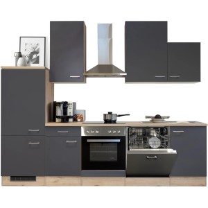 Moderne Küchenzeile Morena in Basaltgrau matt und San Remo Eiche hell mit E-Geräten.