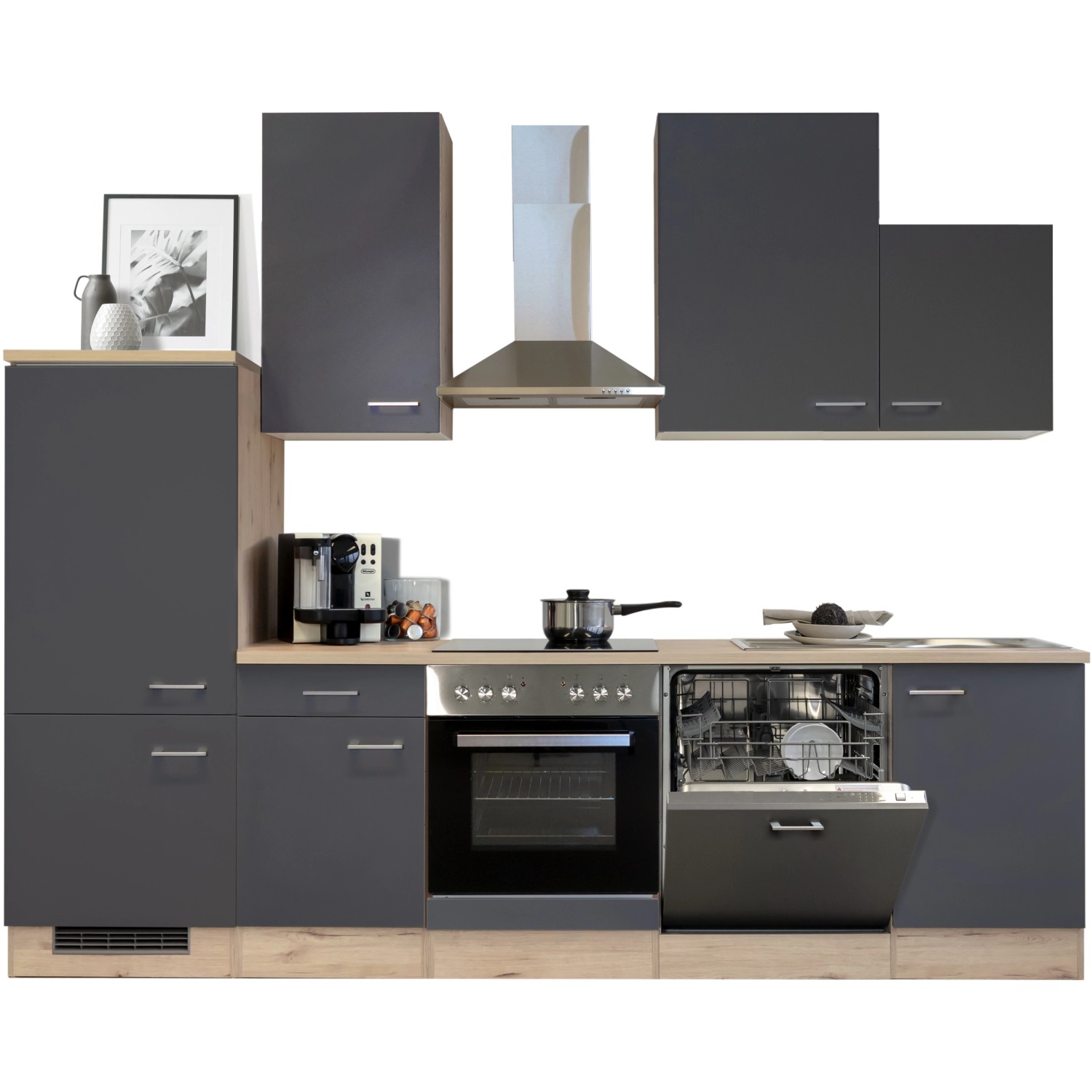 Moderne Küchenzeile Morena in Basaltgrau matt und San Remo Eiche hell mit E-Geräten.