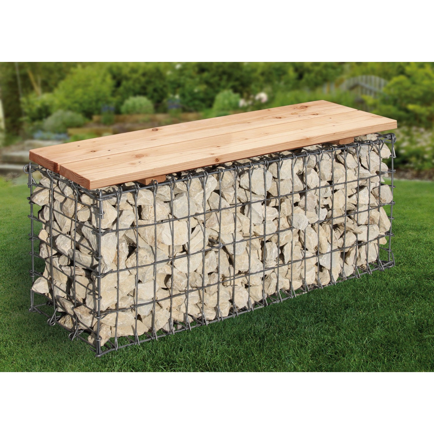 Gabionen-Gartenbank (100x46x30cm) mit Holzauflage, befüllt mit Steinen. Dekorative Sitzgelegenheit.