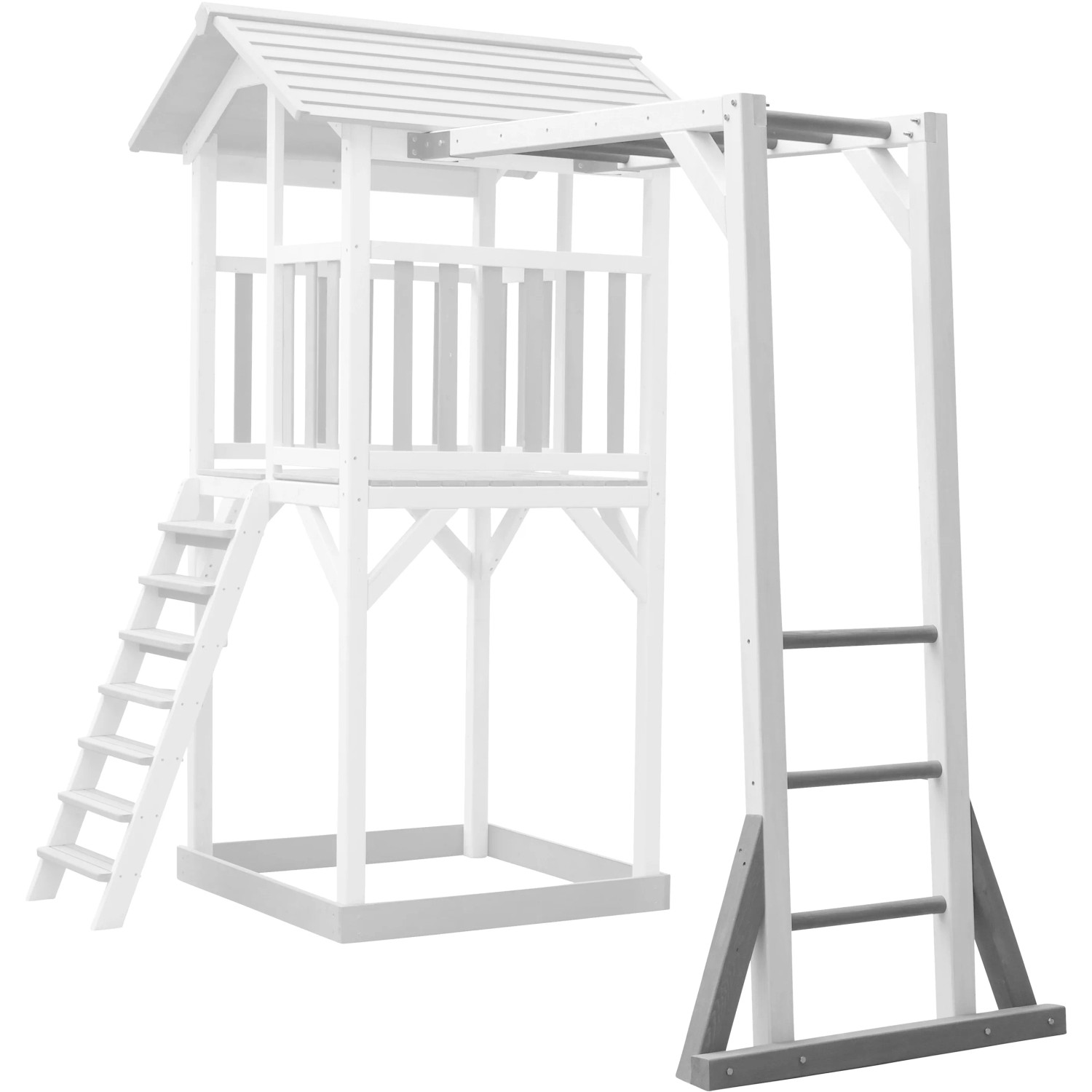Axi Beach Tower Klettergerüst in Grau und Weiß mit Kletterwand und Affenschaukel.