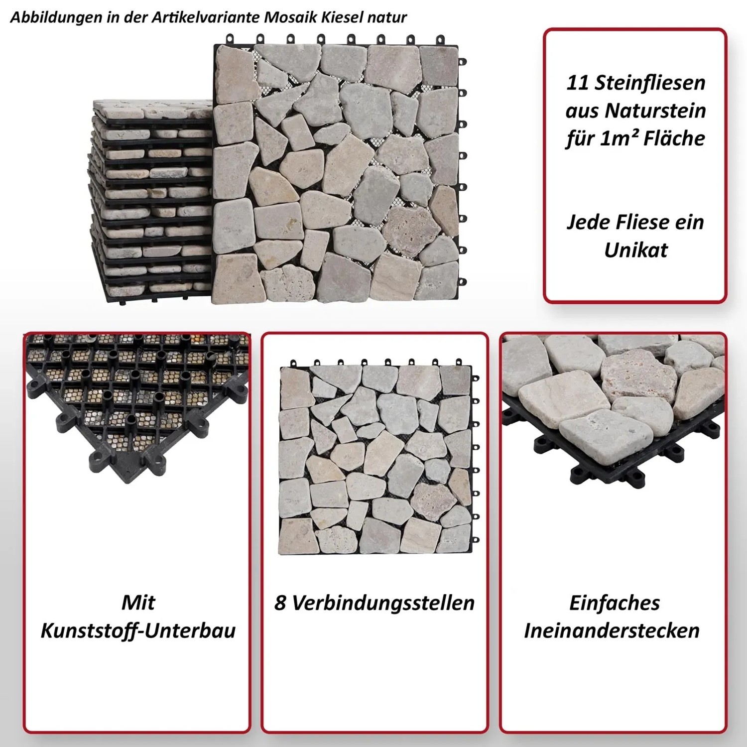 MCW Steinfliesen E18, bunte Bodenfliesen aus Granit für Balkon und Terrasse, 1m².