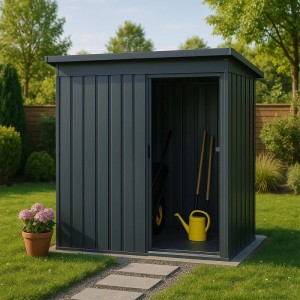 Dunkelgrauer Juskys Metall Geräteschuppen S mit Pultdach im Garten.