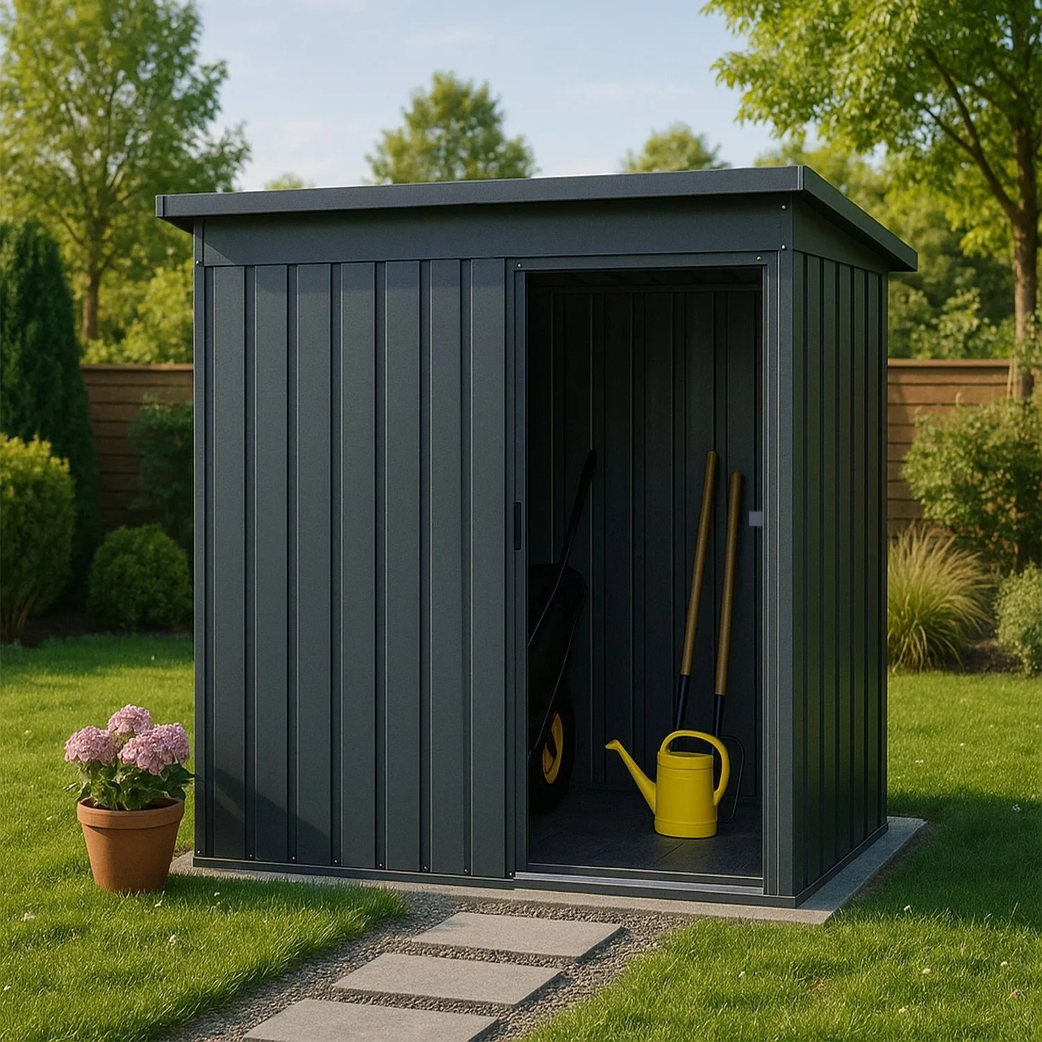 Dunkelgrauer Juskys Metall Geräteschuppen S mit Pultdach im Garten.