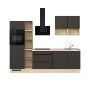 Moderne Küchenzeile in Vulkanbraun mit E-Geräten und Eiche-Nachbildung, 280 cm breit.