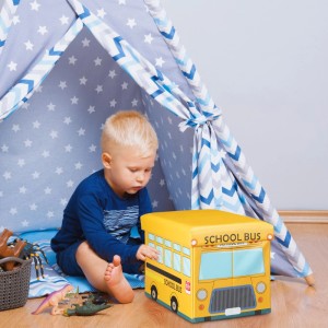 Relaxdays Spielzeugkiste Kunstleder School Bus Faltbar 32 x 48 x 32 cm