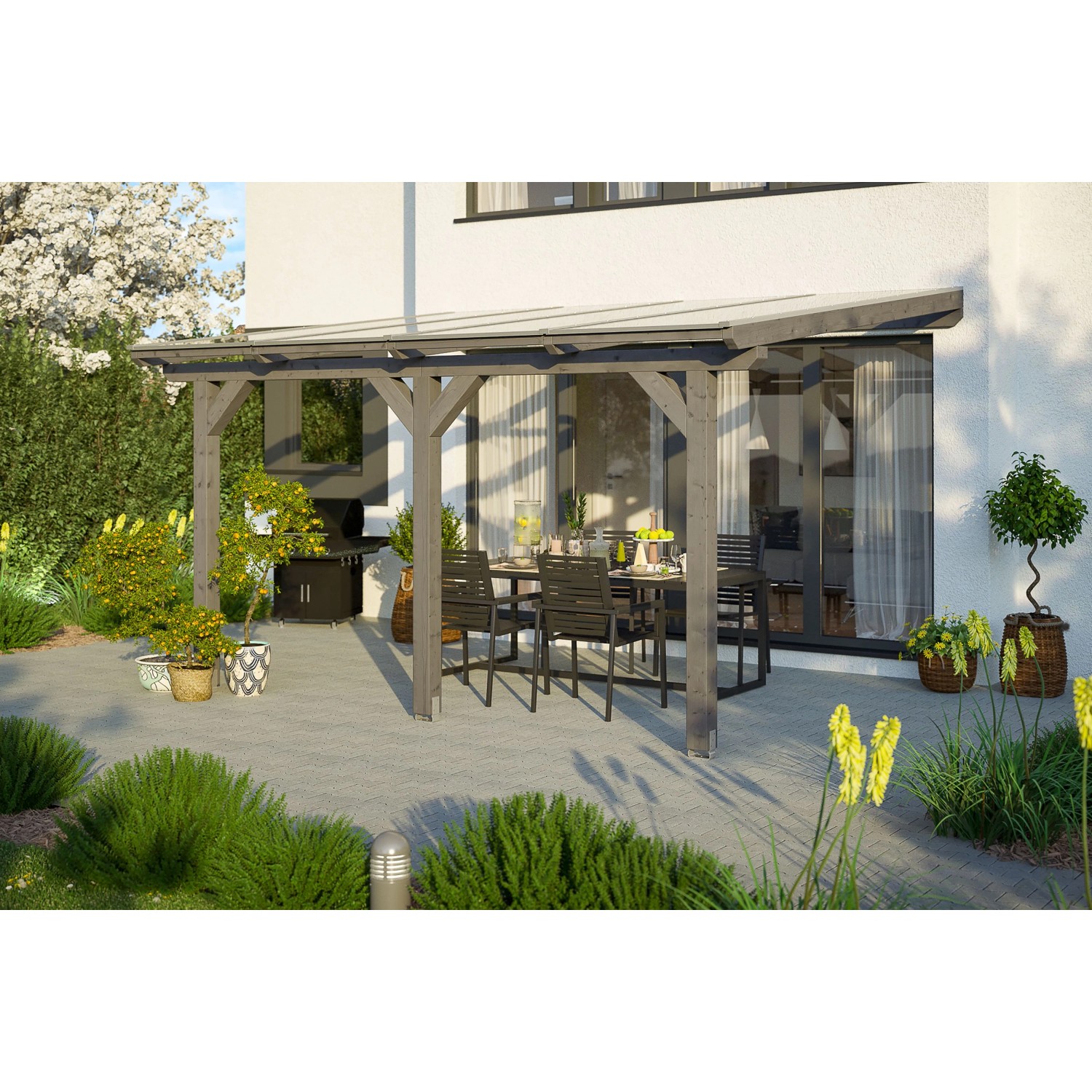 Skan Holz Terrassenüberdachung Andria 434 x 400 cm Leimholz Schiefergrau