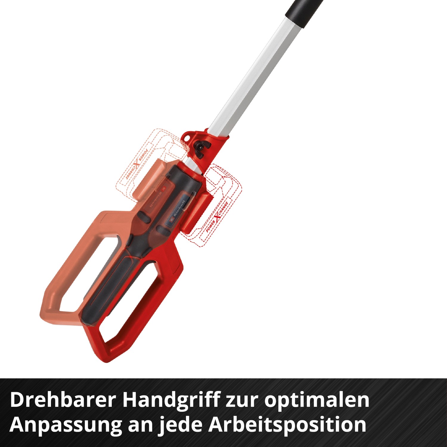 Einhell Akku-Teleskop-Heckenschere GC-HH 18/45 Li T-Solo mit drehbarem Griff und verstellbarem Kopf.