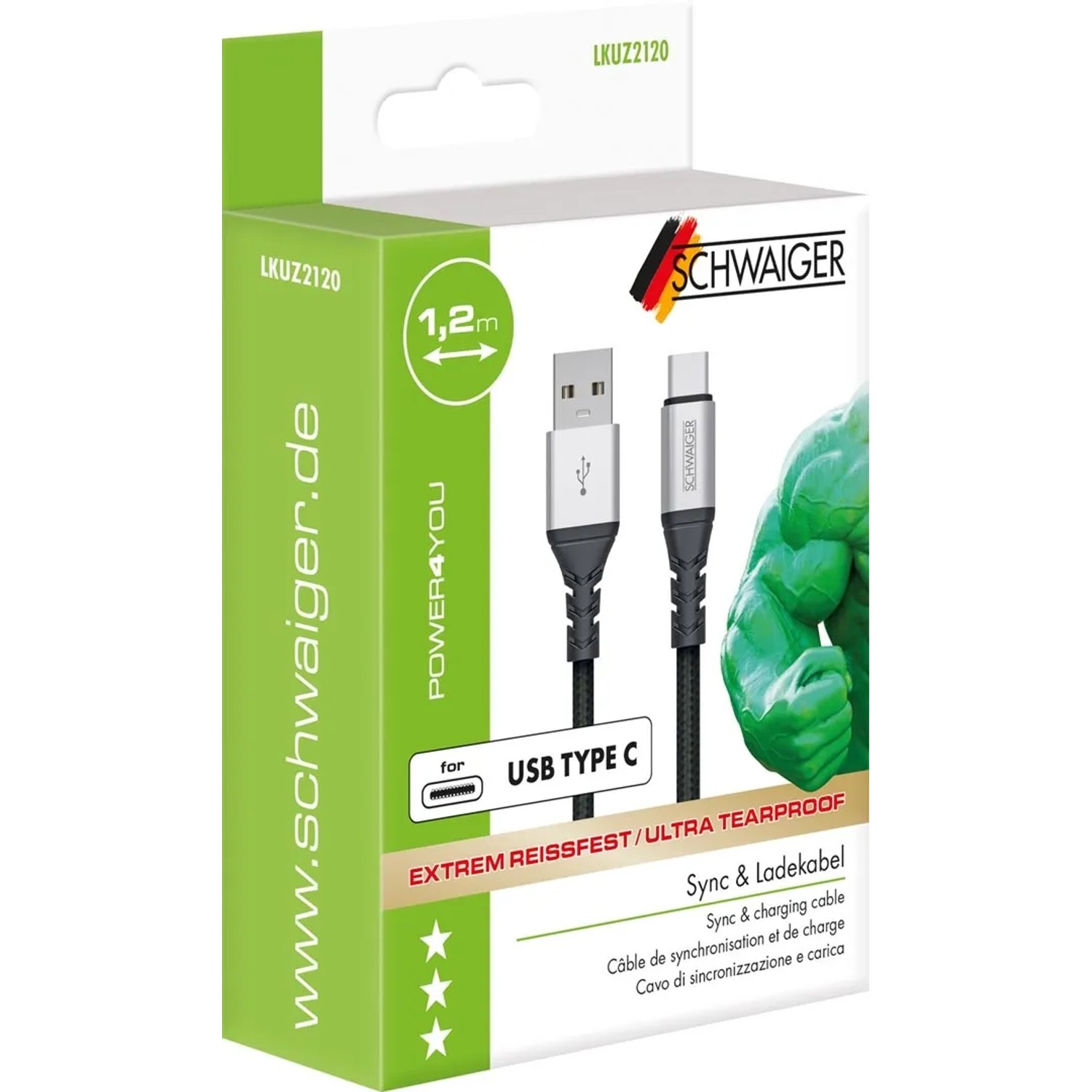 Schwaiger USB-C Kabel, 1,2m, unzerstörbar, zum Laden und Synchronisieren von Geräten.