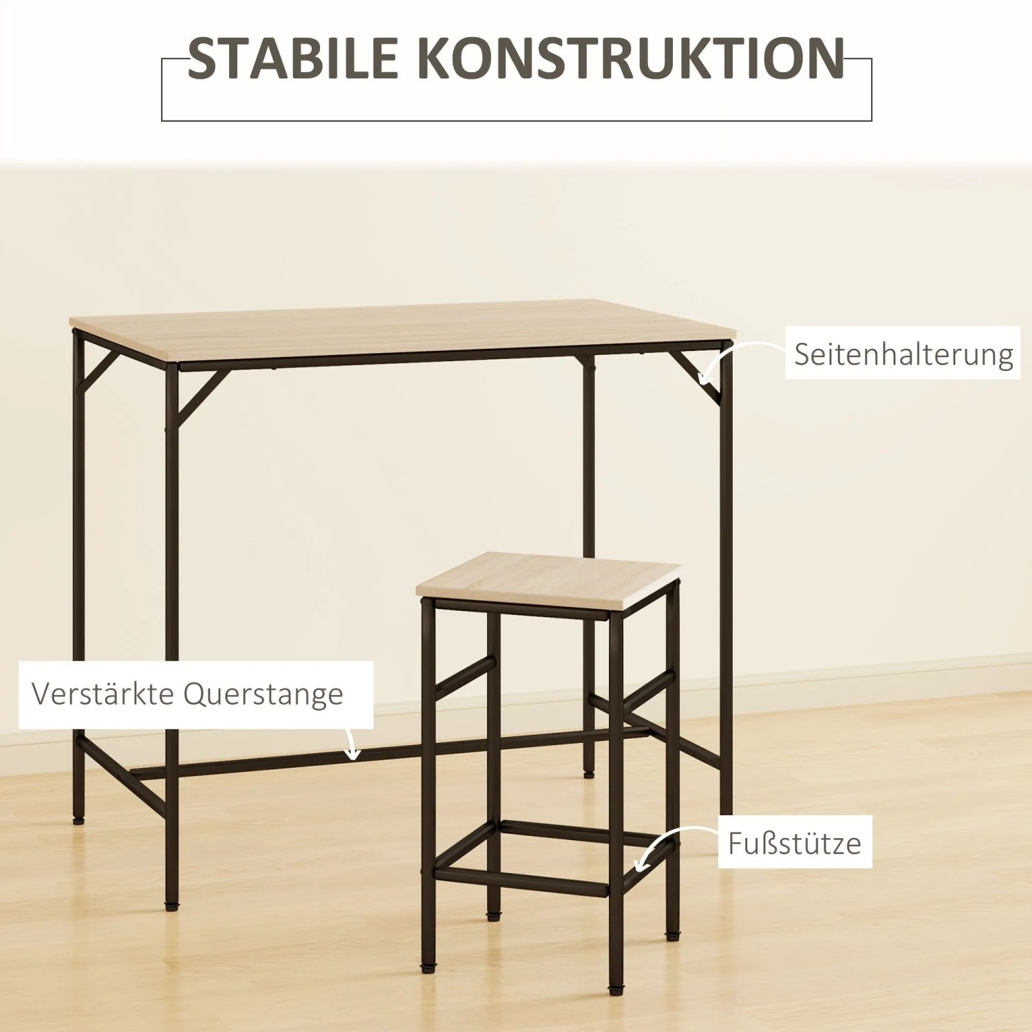 HOMCOM Bartisch-Set Eiche Schwarz. Heller Holztisch, schwarzes Metallgestell mit verstärkter Querstrebe und Fußstütze.