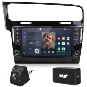 Junsun Autoradio für VW Golf VII, schwarzes Gerät mit Touchscreen, CarPlay, Android Auto, DAB+ Modul und Rückfahrkamera.