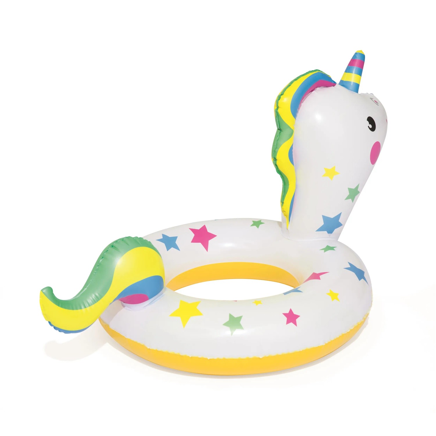 Bestway Schwimmring im Tierdesign, hier als Einhorn, mit bunten Sternen und gelbem Rand.