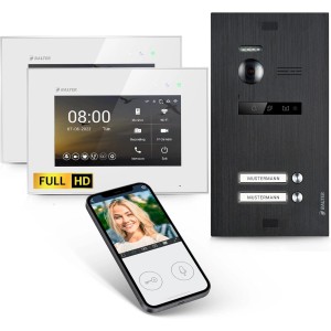 Balter EVO-HD Video-Türsprechanlage mit App für 2-Familienhaus, Monitore, Türstation und Smartphone-Ansicht.