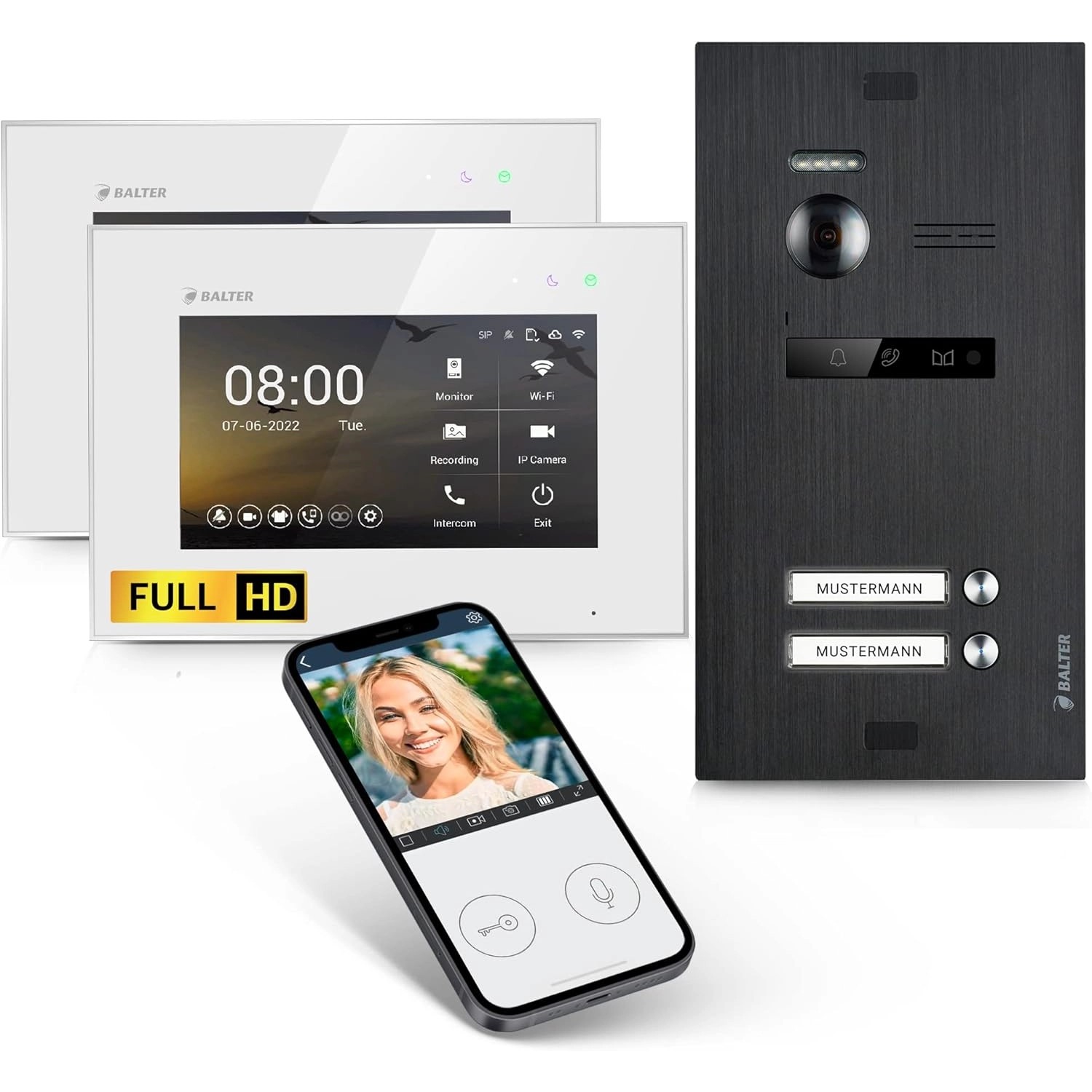 Balter EVO-HD Video-Türsprechanlage mit App für Zweifamilienhaus mit 2x 7 Zoll Monitor Weiß-Schwarz