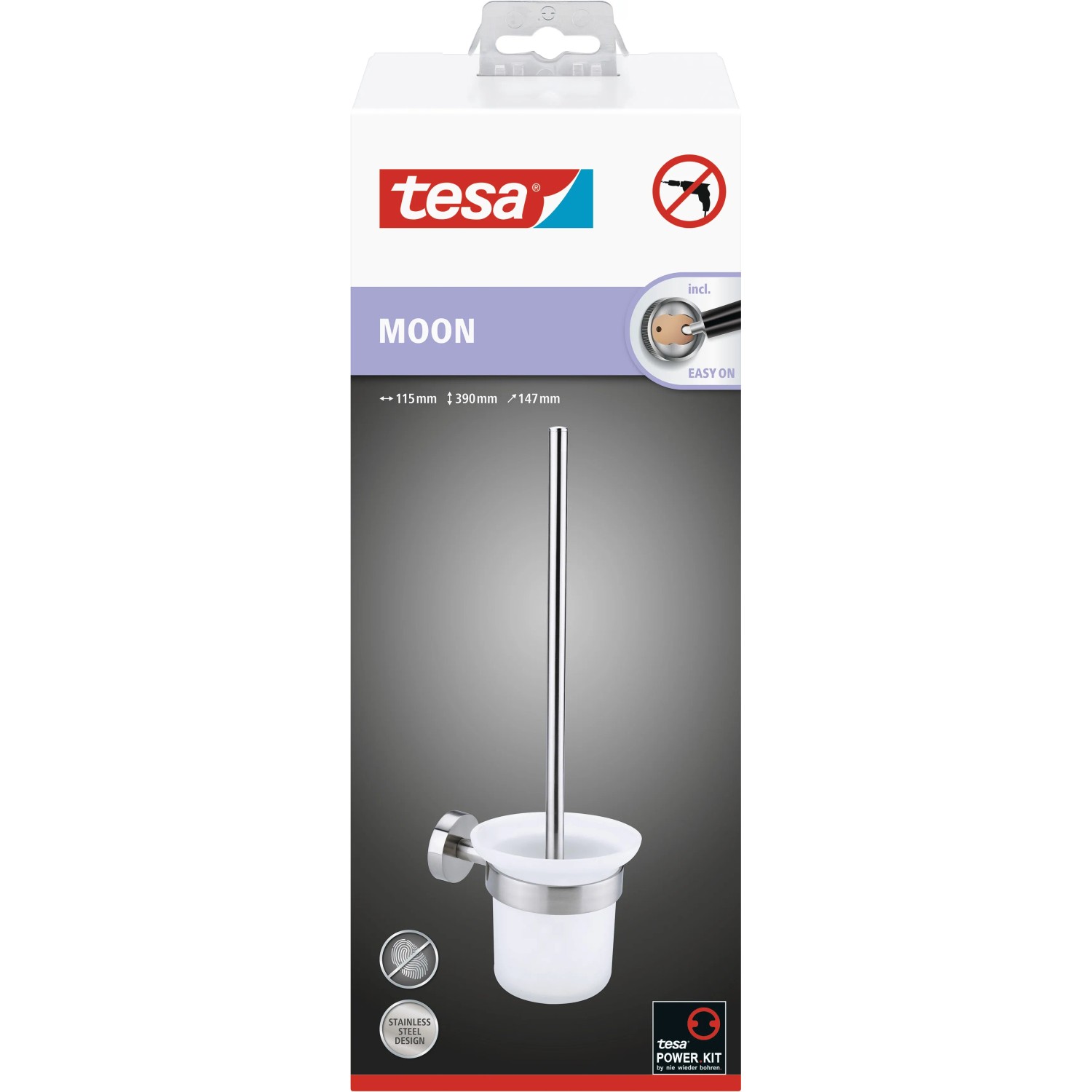 Tesa Moon WC-Bürstengarnitur in Edelstahloptik mit Glasbehälter. Wandmontage ohne Bohren.