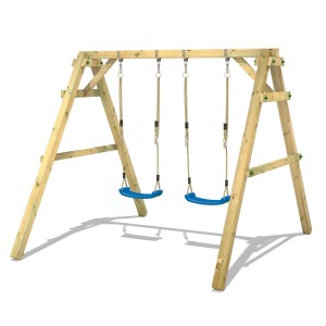 Wickey Schaukel Sky Dancer Prime Blau: Holzschaukel mit zwei blauen Schaukelsitzen.