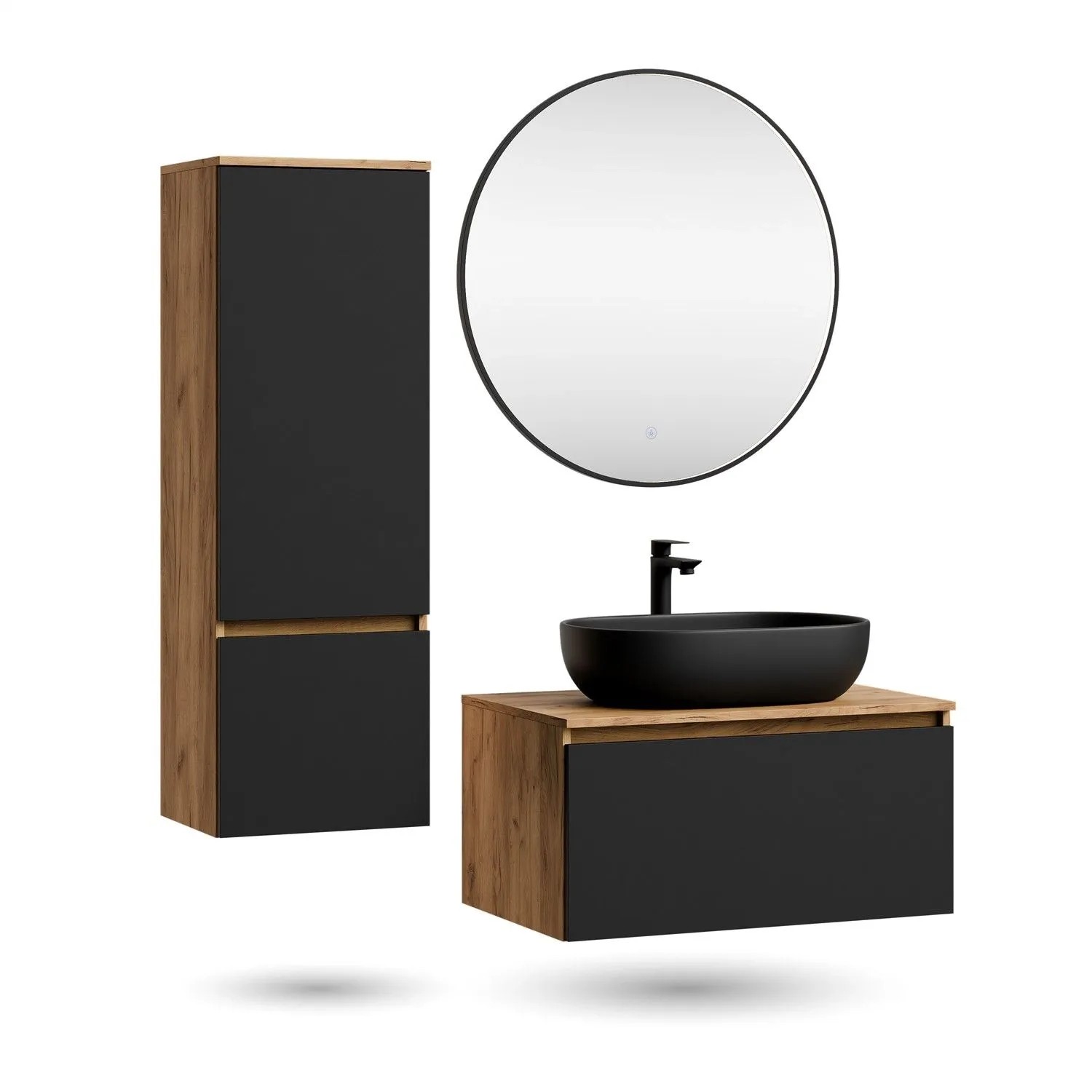 Planetmöbel ARISA Badmöbel Set 80 cm Schwarz Matt mit Hochschrank Veluna LED Spiegel 80 cm und Keramik Aufsatzwaschbecken 60 cm in Schwarz Soft Close
