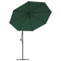 Grüner Ampelschirm mit 300 cm Durchmesser, Metallmast und LED-Beleuchtung. Ideal für Garten und Terrasse.