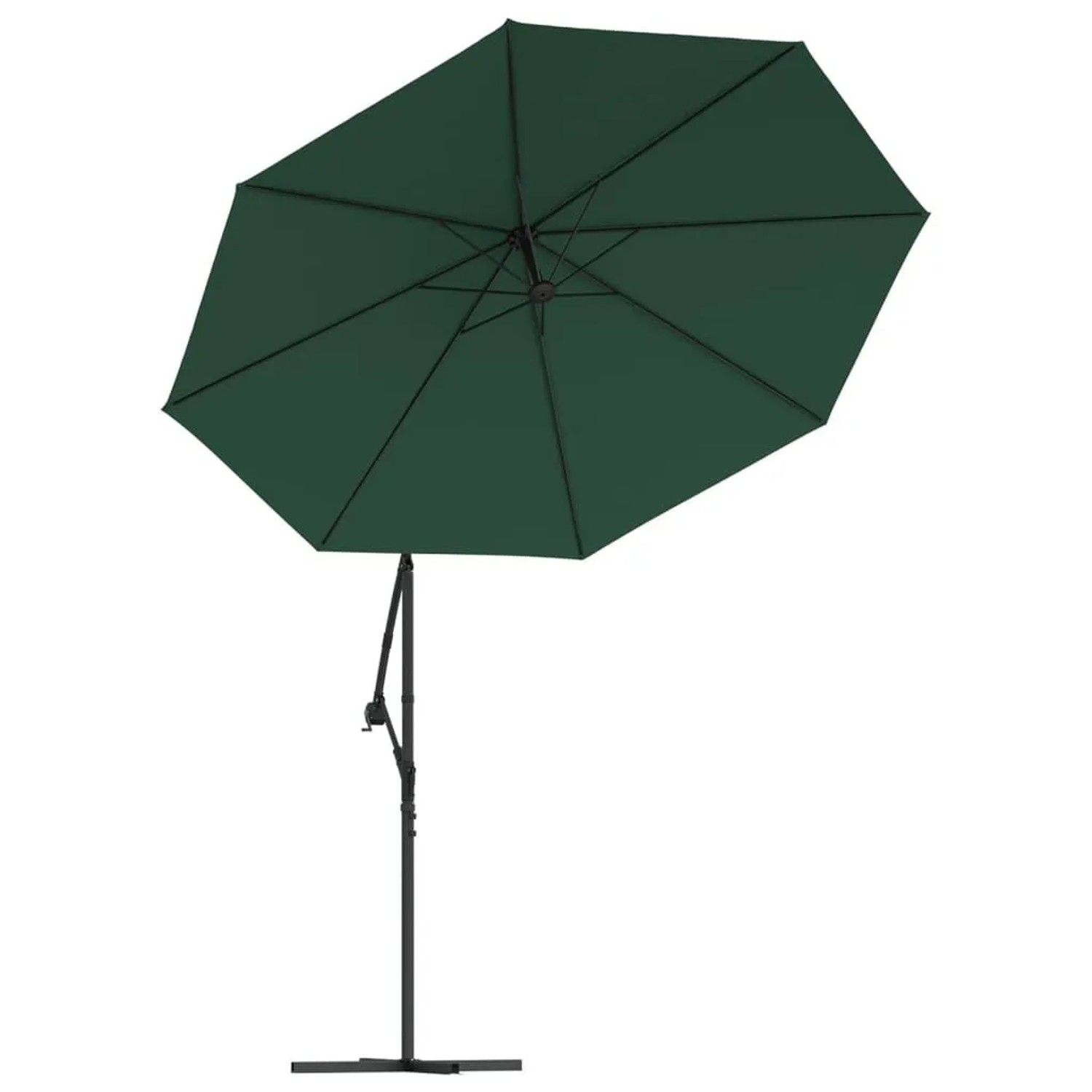 Grüner Ampelschirm mit 300 cm Durchmesser, Metallmast und LED-Beleuchtung. Ideal für Garten und Terrasse.