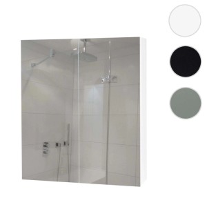 Weißer MCW Spiegelschrank B19b mit zwei Spiegeltüren, Hochglanz-Oberfläche und zwei Regalböden für das Bad.