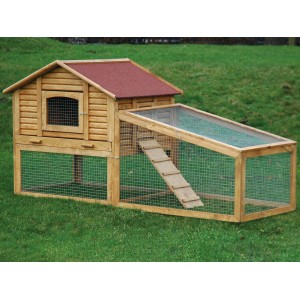 Dobar Kleintierstall Blockhaus mit Freigehege aus Kiefernholz, rotes Dach.