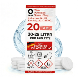 JUNG Oasis Wasseraufbereitung Tabletten, 20 Stück, 167mg, für 20-25L Wasser. Packung und weiße Tabletten für Camping & Outdoor.