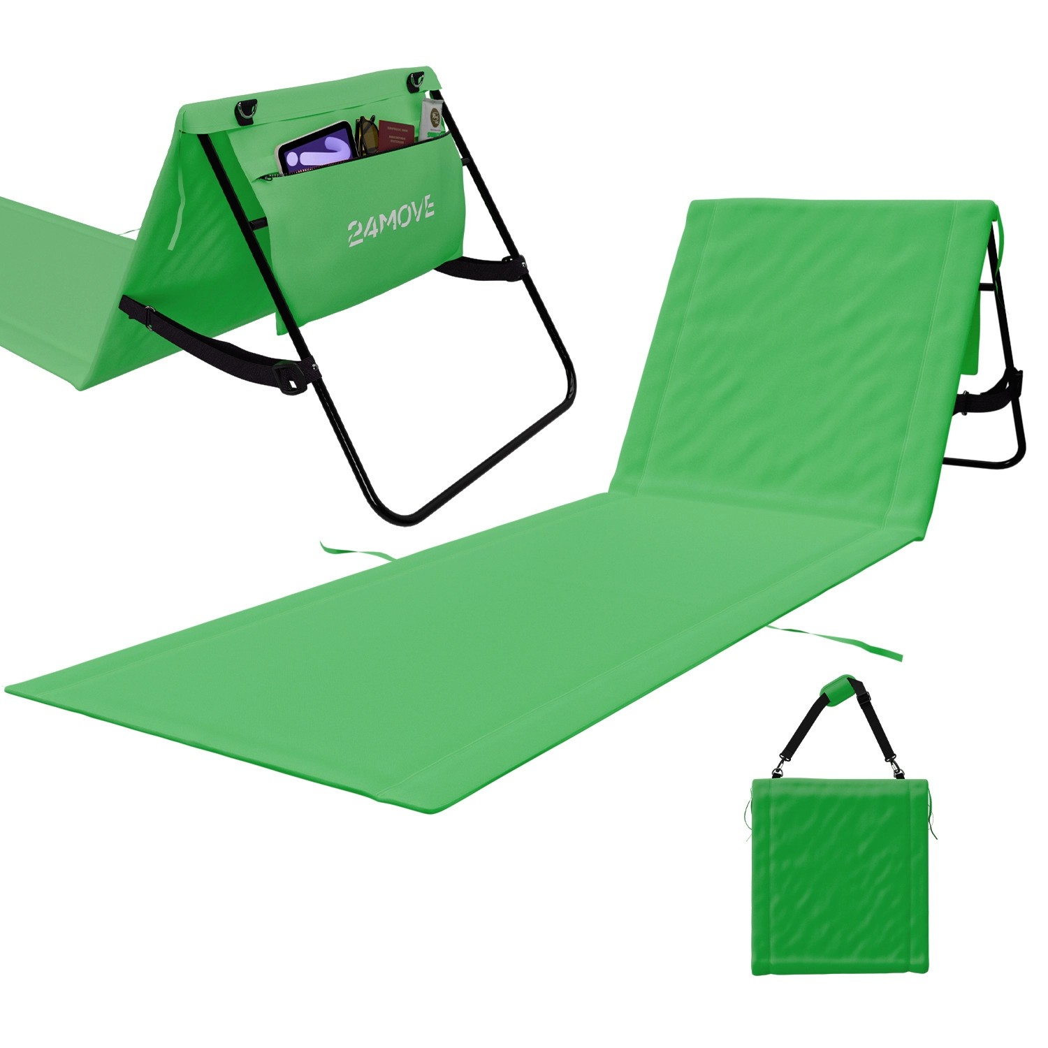 24MOVE Strandmatte Klappbar Mit Rückenlehne&Tasche - Mit Gurt - Liegematte Grün