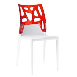 Weißer Papatya Stuhl Ego-Rock mit transparent roter Rückenlehne, geeignet für Garten und Innenbereich.