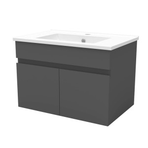AICA Badmöbel Set: 60 cm Waschtisch mit matt anthrazitem, grifflosem Unterschrank und weißem Keramikwaschbecken.