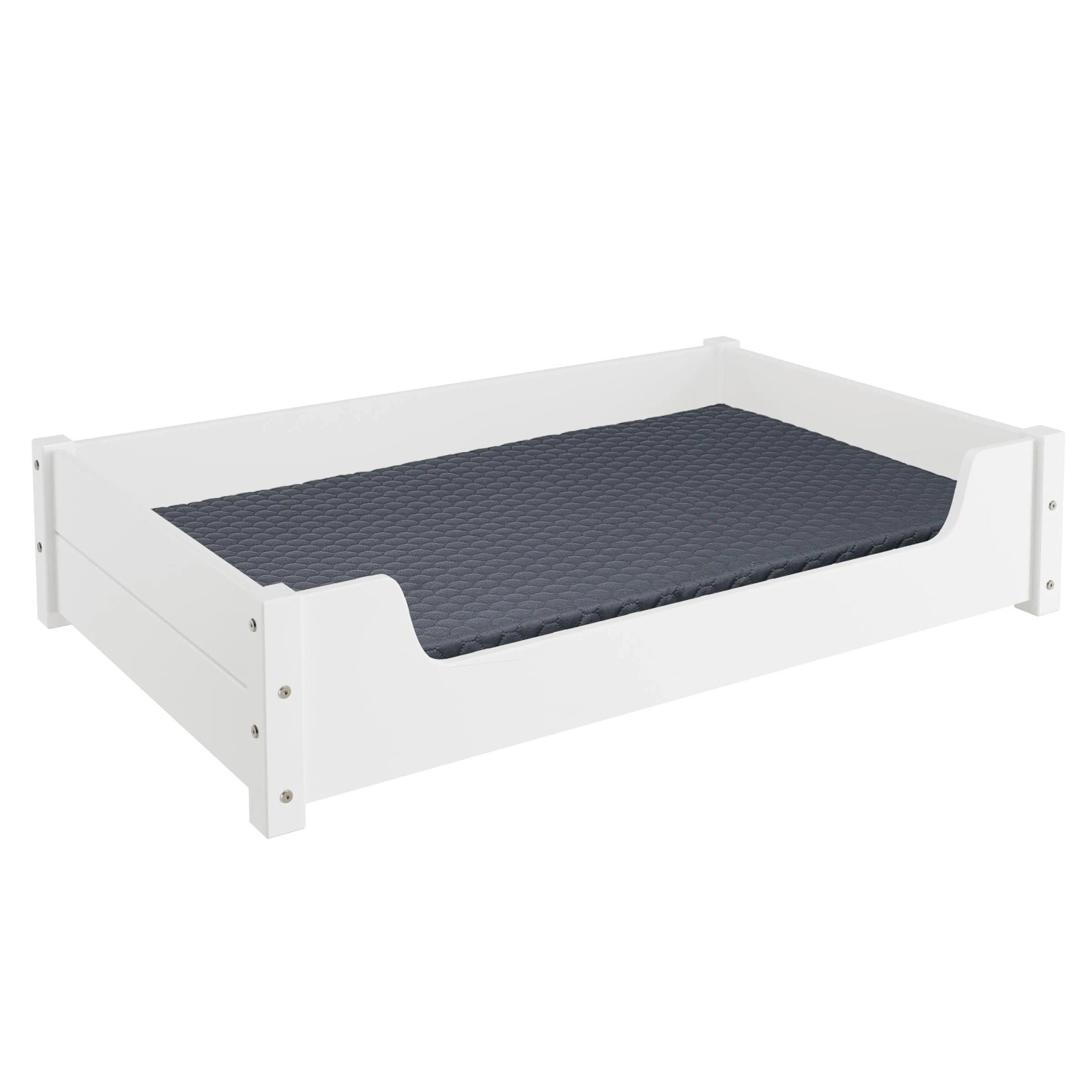 Weißes Erst-Holz Hundebett 100x60 cm mit Rollrost und Matratze für große Hunde.